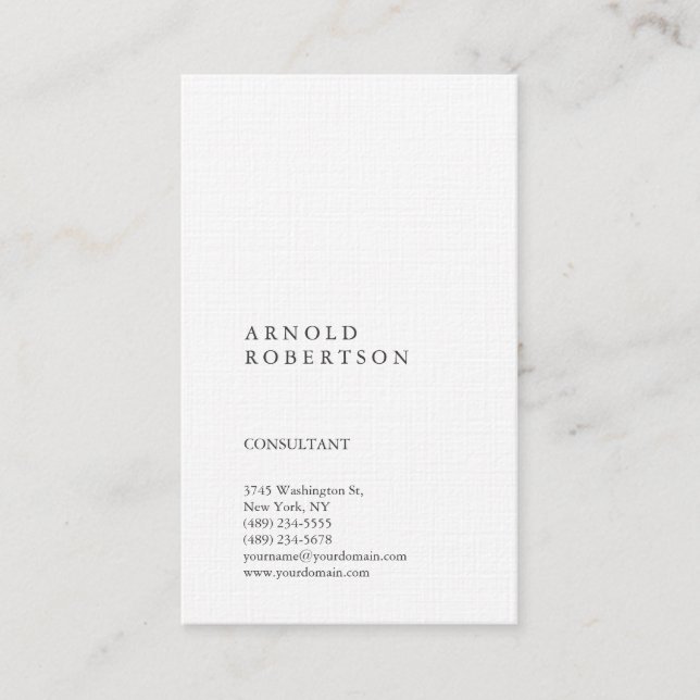 Vertical White Trendy Consultant Classical Business Card (Front)