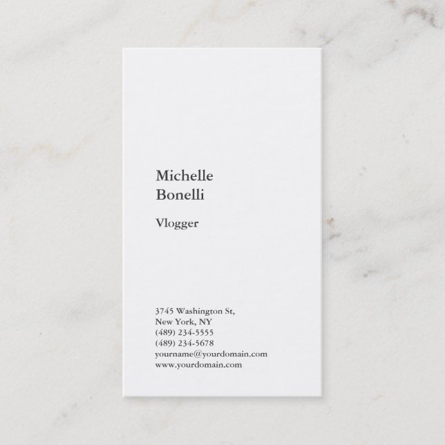 Vertical White Trendy Vlogger Blogger Web Designer Business Card (Front)