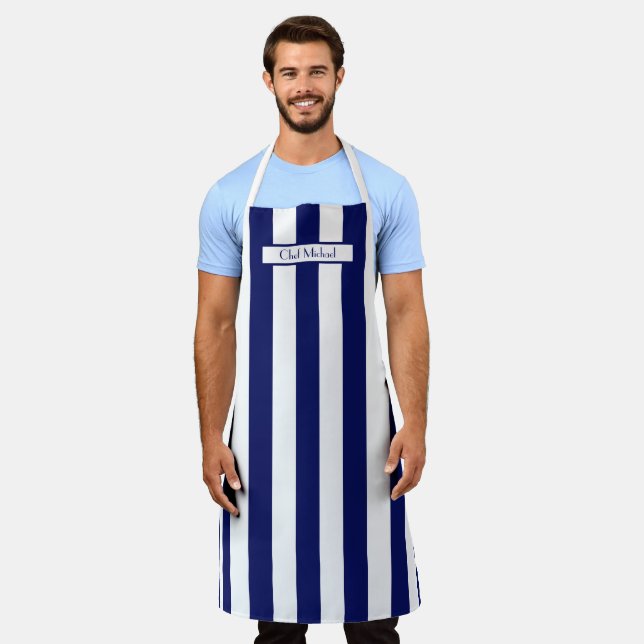 Vertical Wide Stripe DIY Colours Navy White SV Apron (Worn)