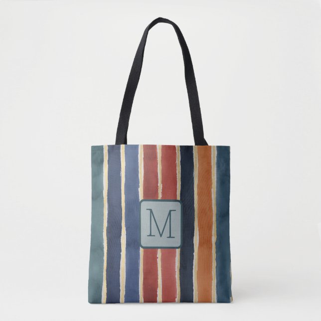 Vertical Wide Stripes Teal Color Block Monogram Tote Bag (Front)