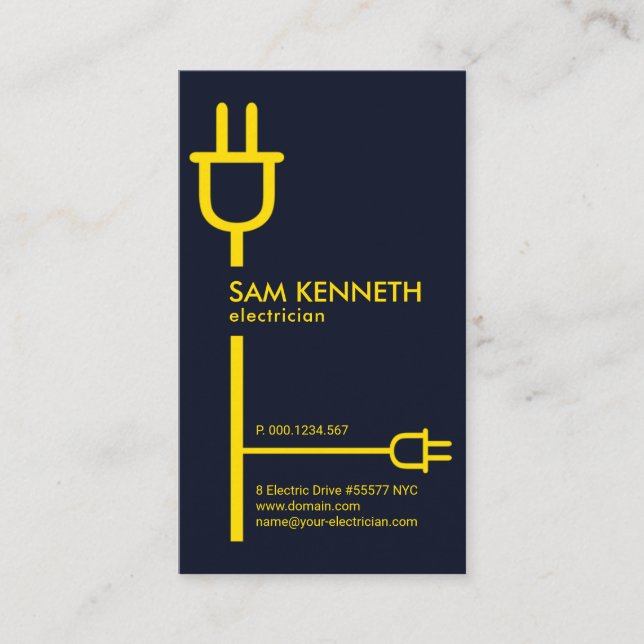 Vertical Yellow Power Plug Extension Electrician Business Card (Front)