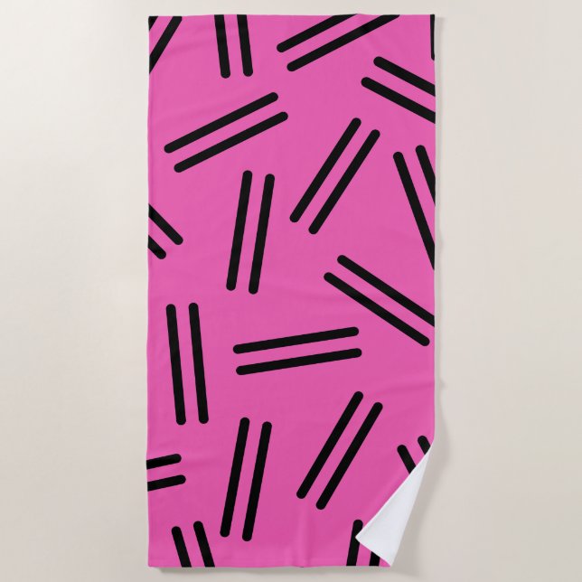 Very 80s Retro Pattern in Hot Pink and Black Beach Towel (Front)