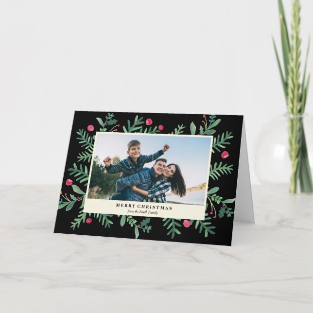 Very Berry Merry Christmas Watercolor | Christmas Holiday Card (Front)