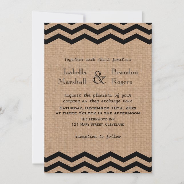 Very Black Chevrons on Burlap Wedding Invitation (Front)