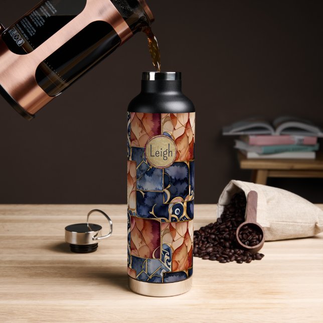 Very Chic Navy Blue and Tan Comtemporary Water Bottle (Coffee (Rotated))