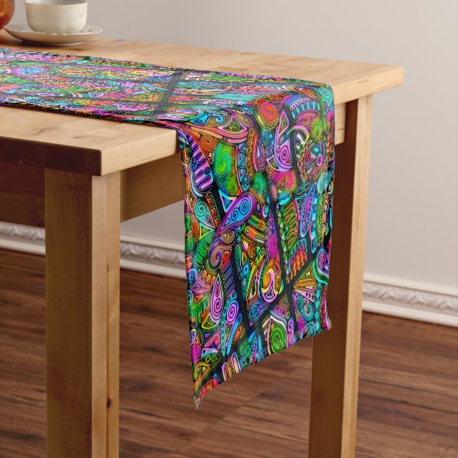 Very colourfully abstract forms art 10 short table runner (In Situ)