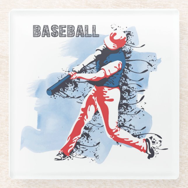 Very Cool and Colourful Baseball Player Swinging Glass Coaster (Front)