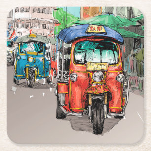 Very Cool City Taxi Sketch Drawing Square Paper Coaster