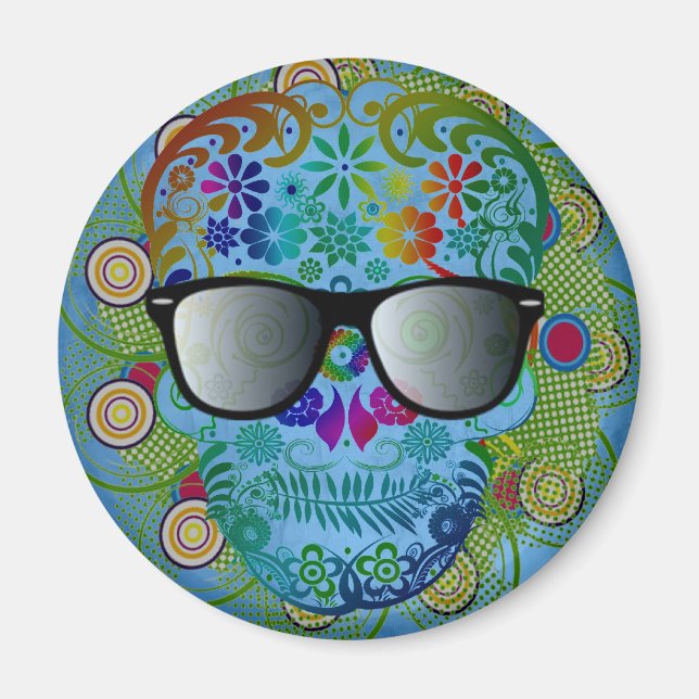 Very cool colourful skull with glasses magnet (Front)