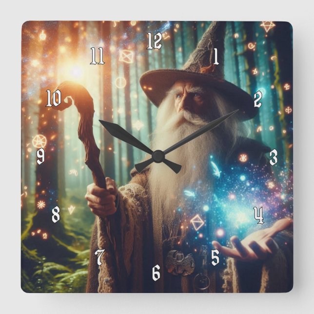 Very Cool & Colourful Wizard Casting a Spell Square Wall Clock (Front)