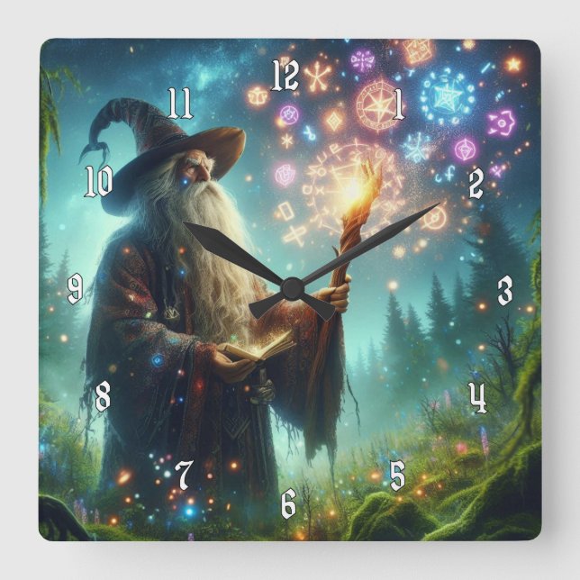 Very Cool & Colourful Wizard Casting a Spell Square Wall Clock (Front)