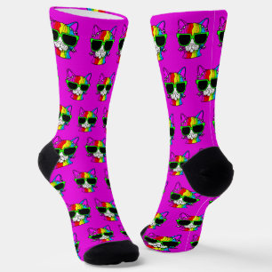 Very Cool Rainbow Cat Pattern on Hot Pink Socks