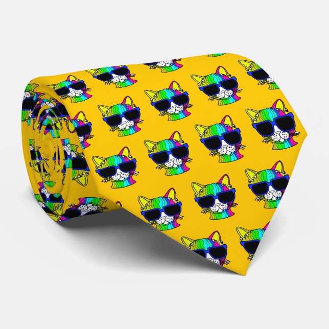 Very Cool Rainbow Cat Pattern on Yellow Tie (Rolled)