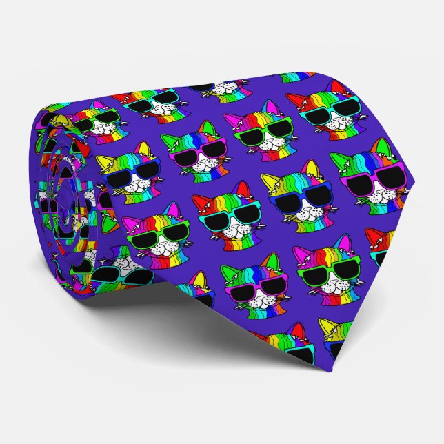 Very Cool Rainbow Cat Pattern  Tie (Rolled)
