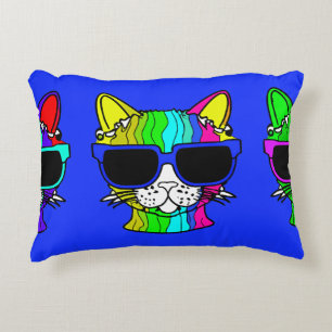 Very Cool Rainbow Cat with Sunglass on Blue Decorative Cushion
