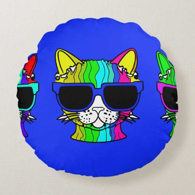 Very Cool Rainbow Cat with Sunglass on Blue Round Cushion (Front)