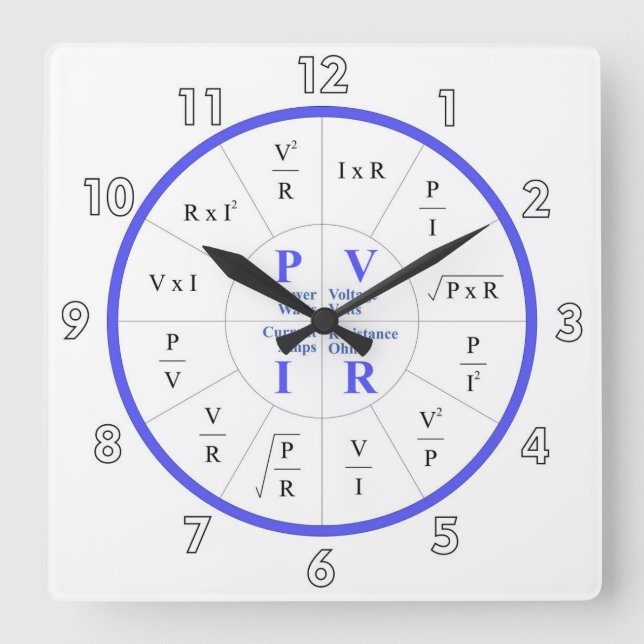 Very Cool Watts, Volts, Amps, & Ohms Formula Square Wall Clock (Front)