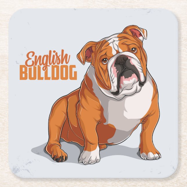 Very Cute and Colourful English Bulldog Sketch Square Paper Coaster (Front)