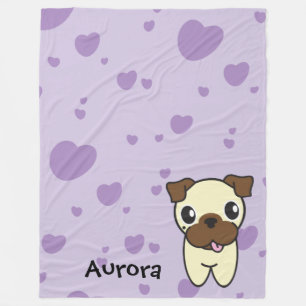 Very Cute Aurora the Pug Purple Heart Fleece Blanket