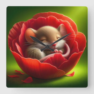 Very Cute Baby Mouse Sleeping Square Wall Clock