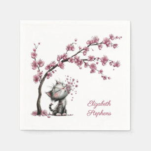 Very Cute Cat and Cherry Blossoms Paper Napkin
