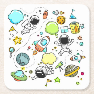 Very Cute Children's Space Doodle Square Paper Coaster