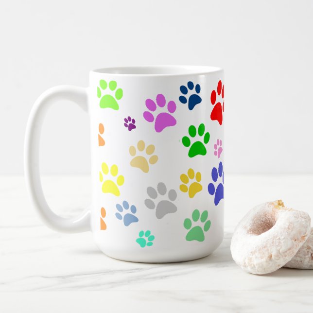 Very Cute Colourful Pet Paw Print Pattern Coffee Mug (With Donut)