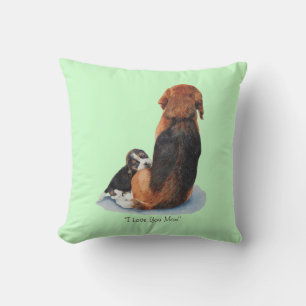 very cute puppy beagle cuddling mum dog cushion