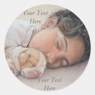 very cute sleeping child with cute beagle puppy classic round sticker