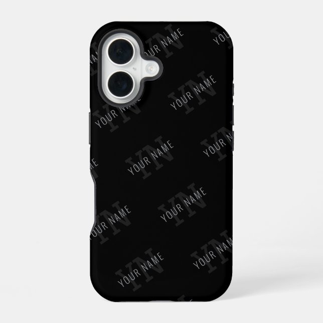 Very Dark Grey & Black Monogram Name Pattern iPhone 16 Case (Back)