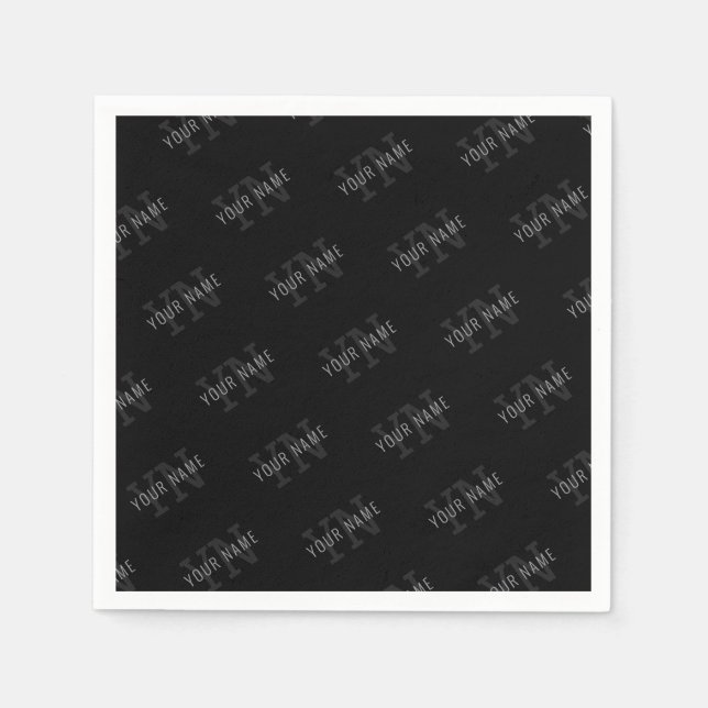 Very Dark Grey & Black Monogram Name Pattern Napkin (Front)