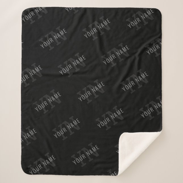 Very Dark Grey & Black Monogram Name Pattern Sherpa Blanket (Front)