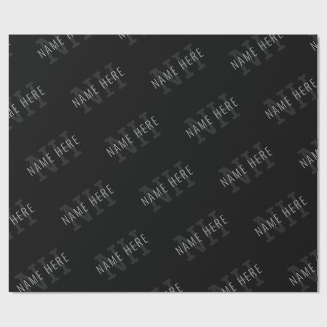 Very Dark Grey & Black Monogram Name Pattern Wrapping Paper (Flat)