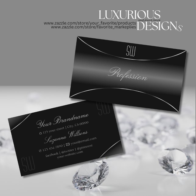 Very Elegant Black with Silver Border and Monogram Business Card (Creator Uploaded)