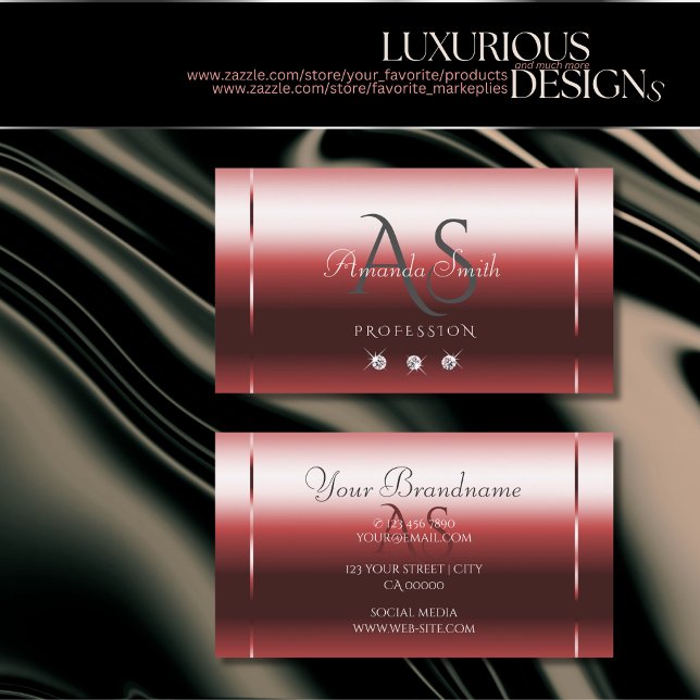 Very Elegant Wine Red Shimmery Diamonds Initials Business Card (Creator Uploaded)