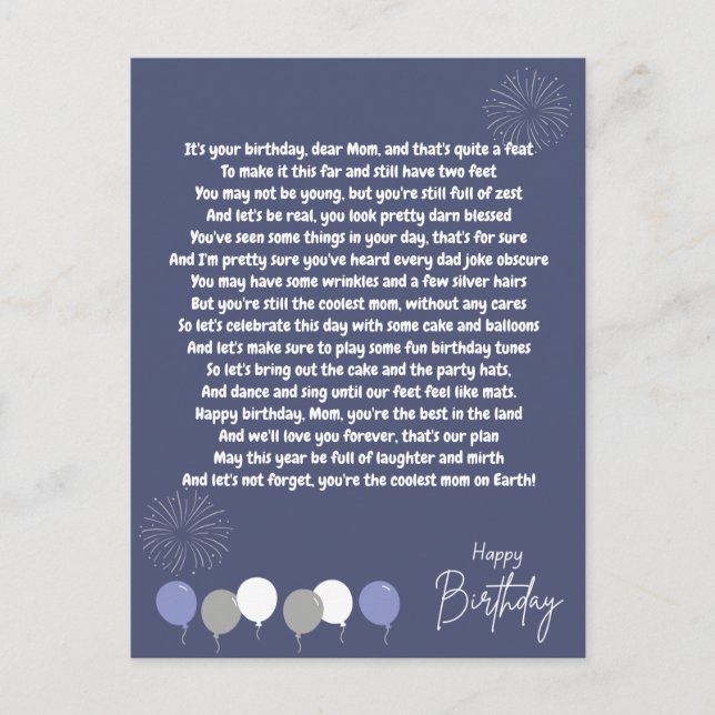 Very Funny Poem for Birthday Mum Postcard (Front)