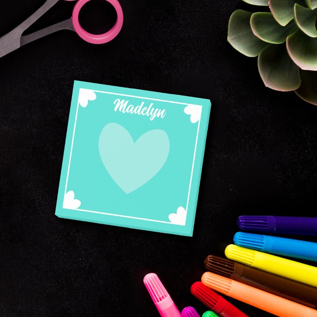 Very Girly Bright Turquoise White Hearts Your Name Post-it Notes (Creator Uploaded)