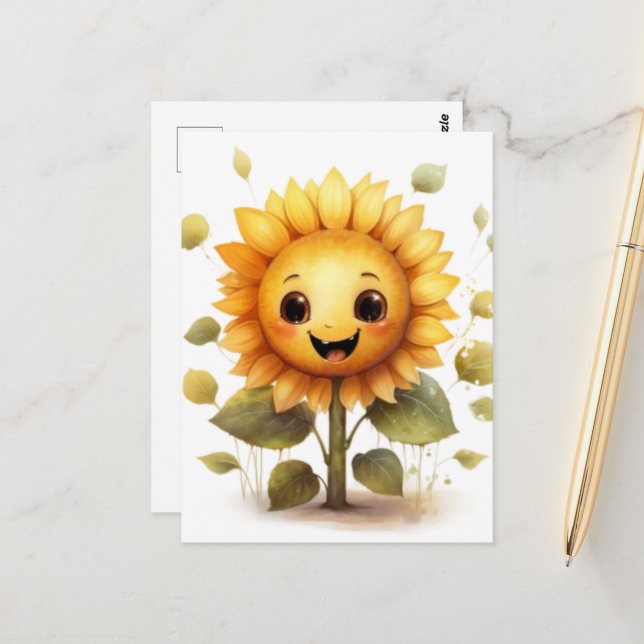 Very Happy Yellow Sunflower Postcard (Front/Back In Situ)