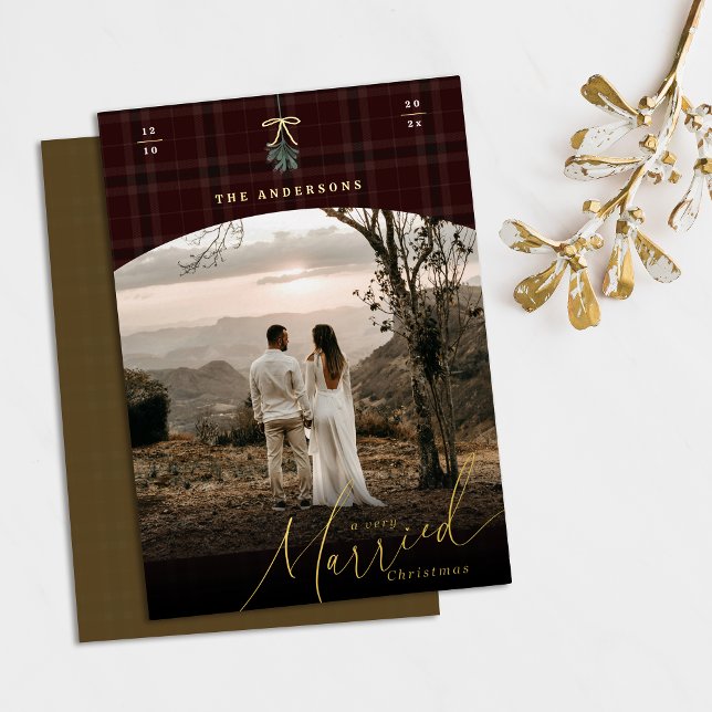 Very Married Newlywed Christmas photo Gold  (Gold foil A very married Christmas photo Christmas card with a dark red plaid background. Arch frame)
