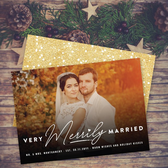 Very Merrily Married Typography Photo Wedding Holiday Card (Creator Uploaded)