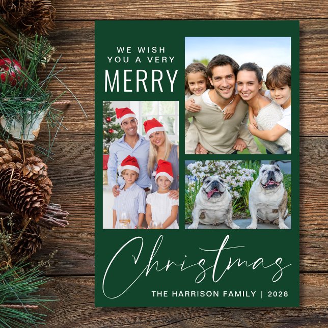 Very Merry 3 Photo Green Christmas Holiday Card (This holiday season, let your family's smiles and heartwarming memories shine on our 3 photo card)