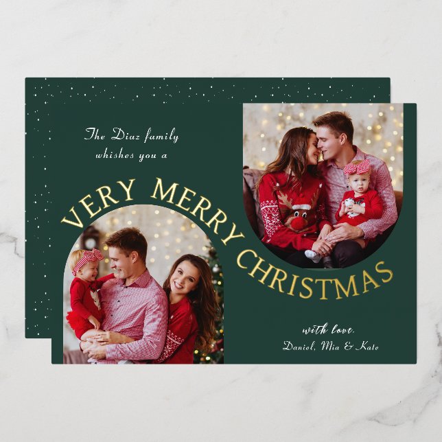 Very Merry Christmas Green Photo Foil Holiday Card (Front/Back)
