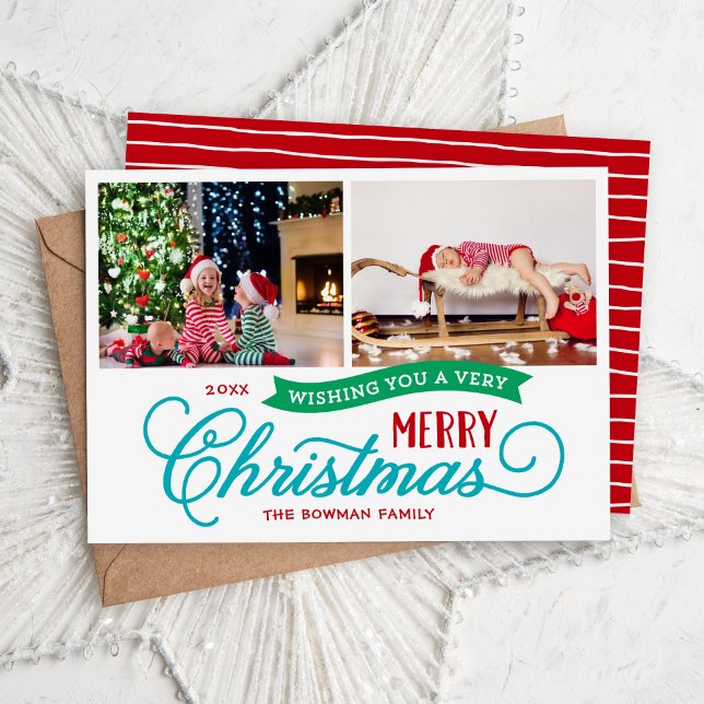 Very Merry Christmas Script 2 Photo Holiday Card (Creator Uploaded)