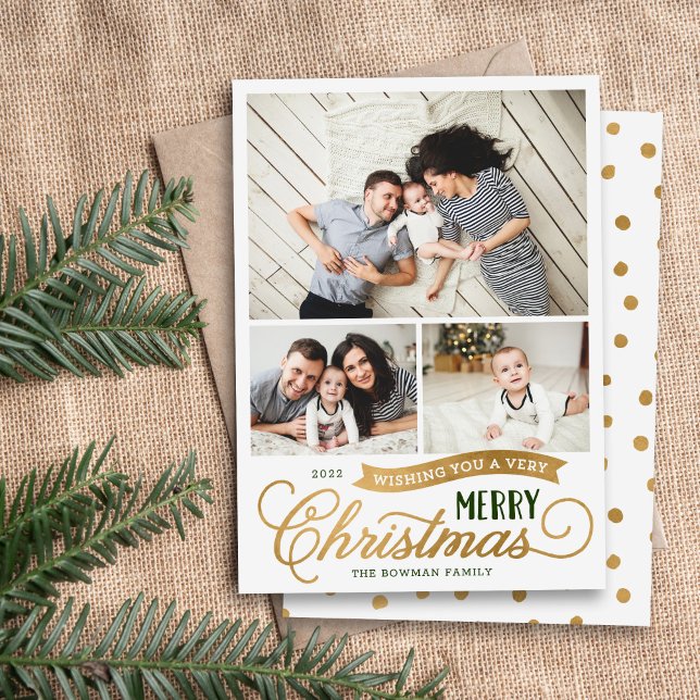Very Merry Christmas Script 3 Photo Holiday Card (Creator Uploaded)