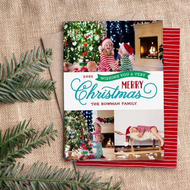 Very Merry Christmas Script 3 Photo Holiday Card (Creator Uploaded)