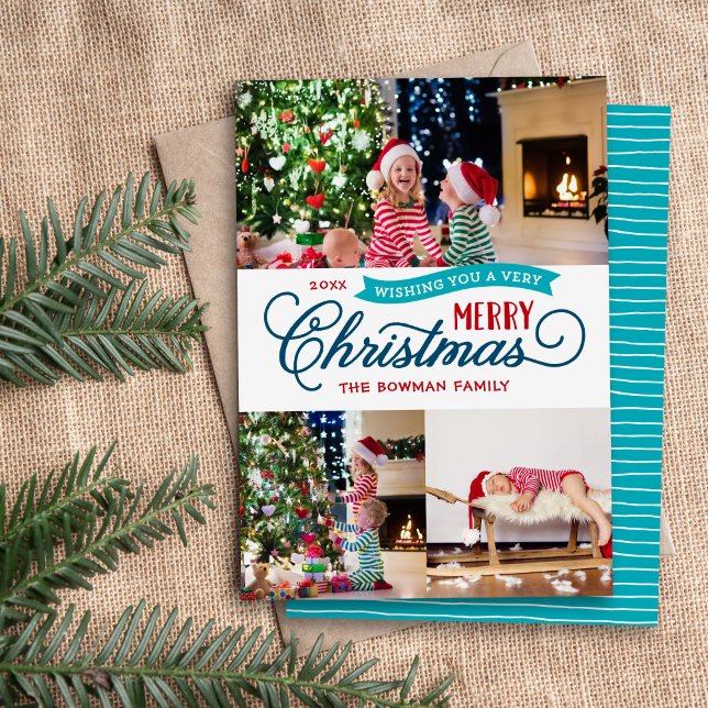 Very Merry Christmas Script 3 Photo Holiday Card (Creator Uploaded)