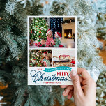 Very Merry Christmas Script 3 Photo Holiday Card<br><div class="desc">Affordable custom printed Christmas photo cards with a simple DIY template for customisation. This fun design features whimsical typography in red, navy blue and turquoise colours. The message read "Wishing You a Very Merry Christmas". The template has space for 3 family photos. Use the design tools to edit the fonts...</div>