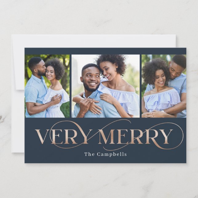 Very Merry Editable Colour 3 Photos Holiday Card (Front)