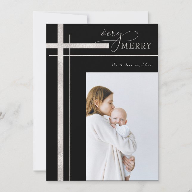 Very Merry Faux Foil One Photo Religious Christmas Holiday Card (Front)