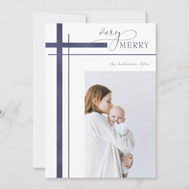 Very Merry Faux Foil One Photo Religious Christmas Holiday Card (Front)